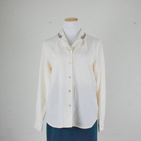 Vintage‎ 80s Paisley Embroidered Cream Blouse - Picture 3 of 10